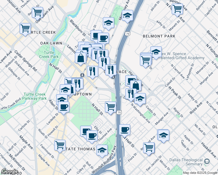 map of restaurants, bars, coffee shops, grocery stores, and more near 3502 Howell Street in Dallas