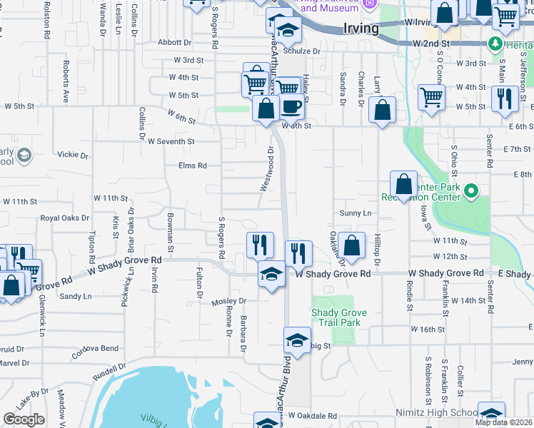 map of restaurants, bars, coffee shops, grocery stores, and more near 1240 Fair Oaks Drive in Irving