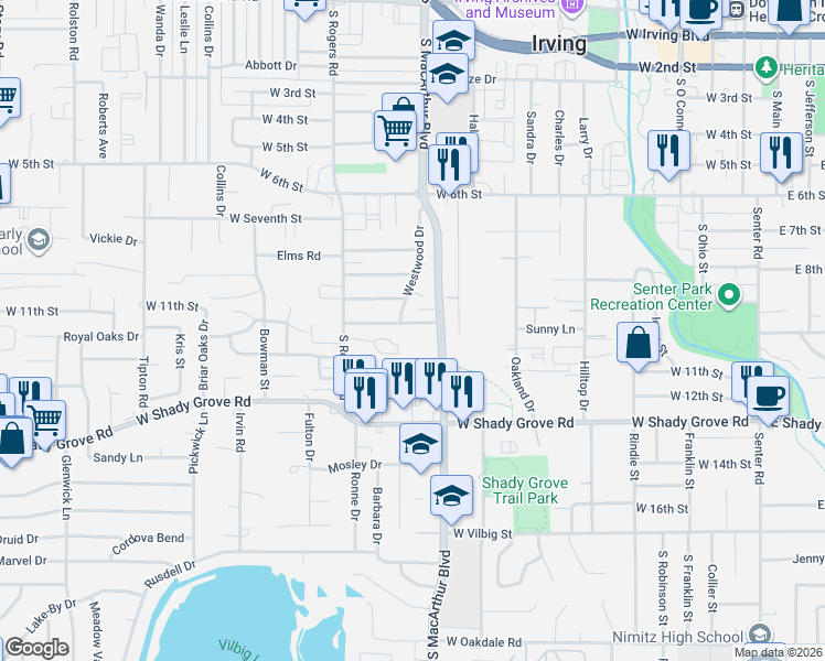 map of restaurants, bars, coffee shops, grocery stores, and more near 1240 Fair Oaks Drive in Irving