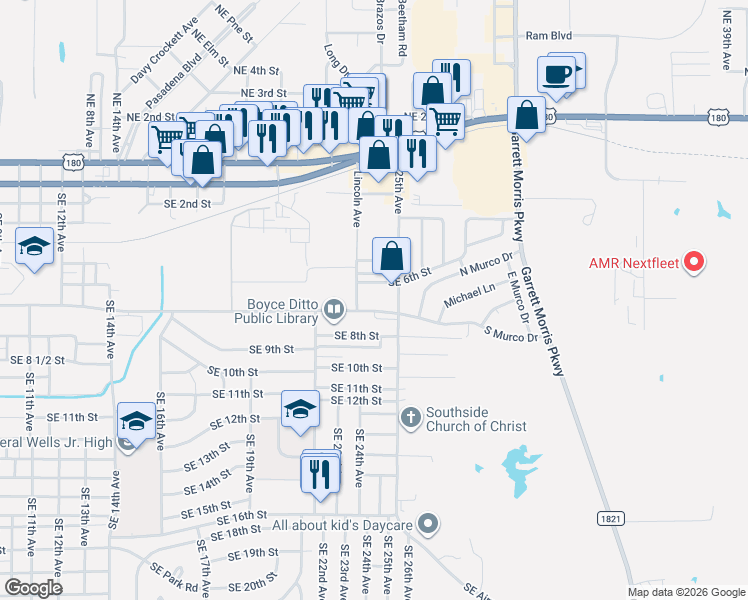 map of restaurants, bars, coffee shops, grocery stores, and more near 2503 Southeast Martin Luther King Junior Street in Mineral Wells