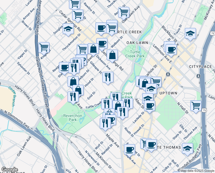 map of restaurants, bars, coffee shops, grocery stores, and more near 2821 Turtle Creek Boulevard in Dallas