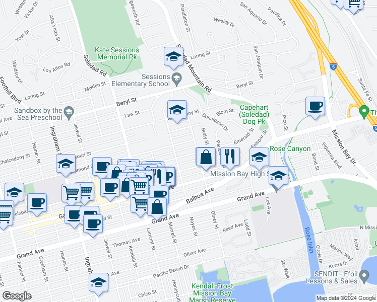 map of restaurants, bars, coffee shops, grocery stores, and more near 2152 Emerald Street in San Diego