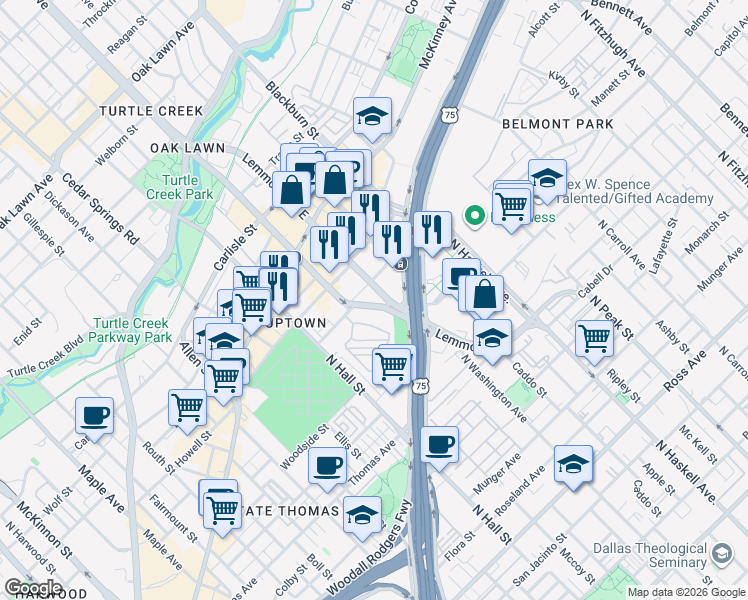 map of restaurants, bars, coffee shops, grocery stores, and more near 2727 Lemmon Avenue in Dallas