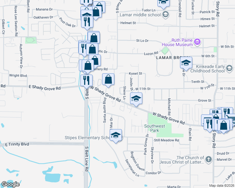 map of restaurants, bars, coffee shops, grocery stores, and more near 3219 West Shady Grove Road in Irving