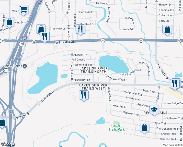 map of restaurants, bars, coffee shops, grocery stores, and more near 8349 Bowspirit Lane in Hurst