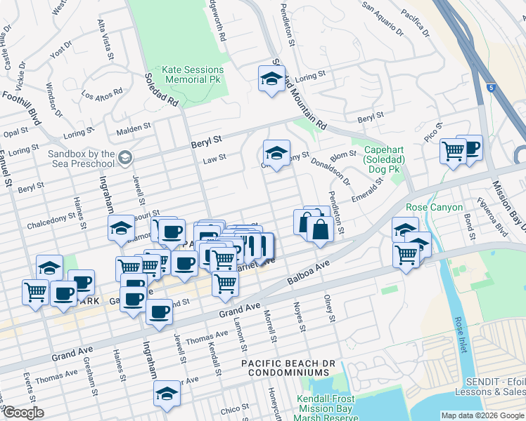 map of restaurants, bars, coffee shops, grocery stores, and more near 2065 Diamond Street in San Diego