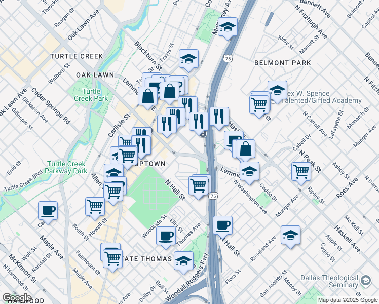 map of restaurants, bars, coffee shops, grocery stores, and more near 2727 Lemmon Avenue in Dallas