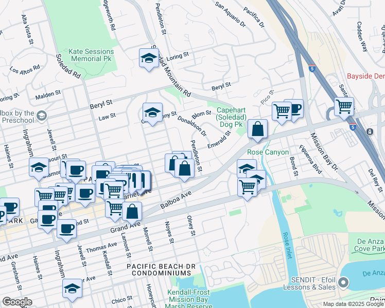 map of restaurants, bars, coffee shops, grocery stores, and more near 2275 Emerald Street in San Diego