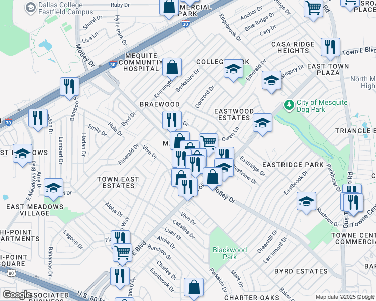 map of restaurants, bars, coffee shops, grocery stores, and more near 3301 Palm Drive in Mesquite
