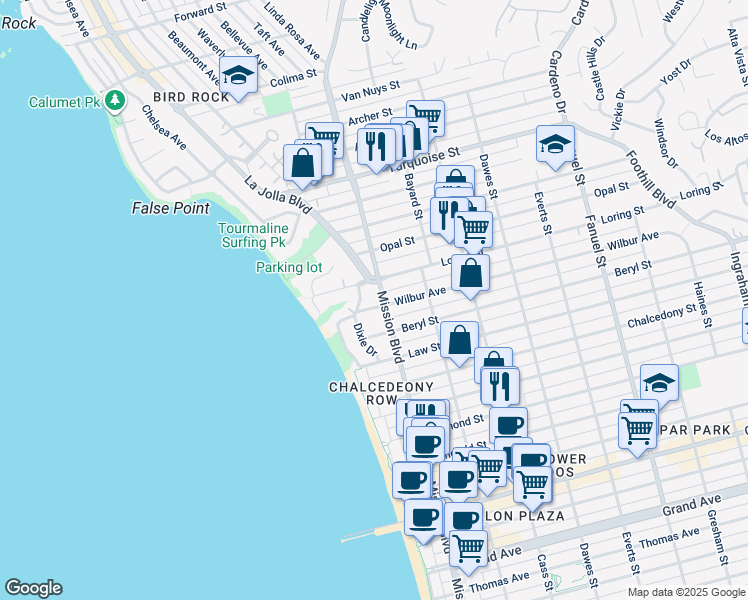 map of restaurants, bars, coffee shops, grocery stores, and more near 736-38 Wilbur Avenue in San Diego