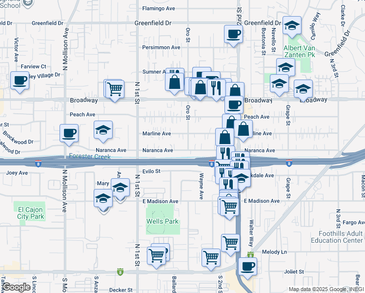 map of restaurants, bars, coffee shops, grocery stores, and more near 1184 Naranca Avenue in El Cajon