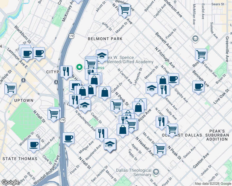 map of restaurants, bars, coffee shops, grocery stores, and more near North Peak Street in Dallas