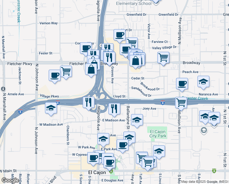 map of restaurants, bars, coffee shops, grocery stores, and more near 707 Graves Avenue in El Cajon