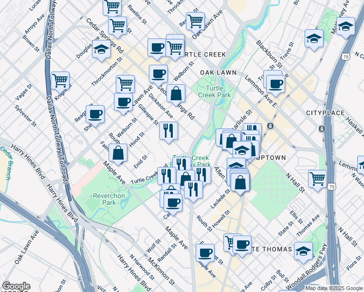 map of restaurants, bars, coffee shops, grocery stores, and more near in Dallas