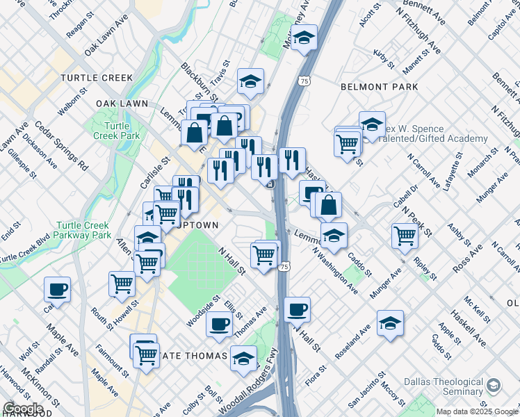 map of restaurants, bars, coffee shops, grocery stores, and more near 2727 Lemmon Avenue in Dallas