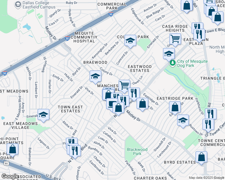 map of restaurants, bars, coffee shops, grocery stores, and more near 3301-3371 Palm Dr in Mesquite