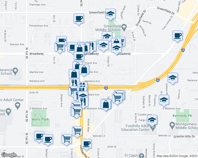 map of restaurants, bars, coffee shops, grocery stores, and more near 1356 Naranca Avenue in El Cajon
