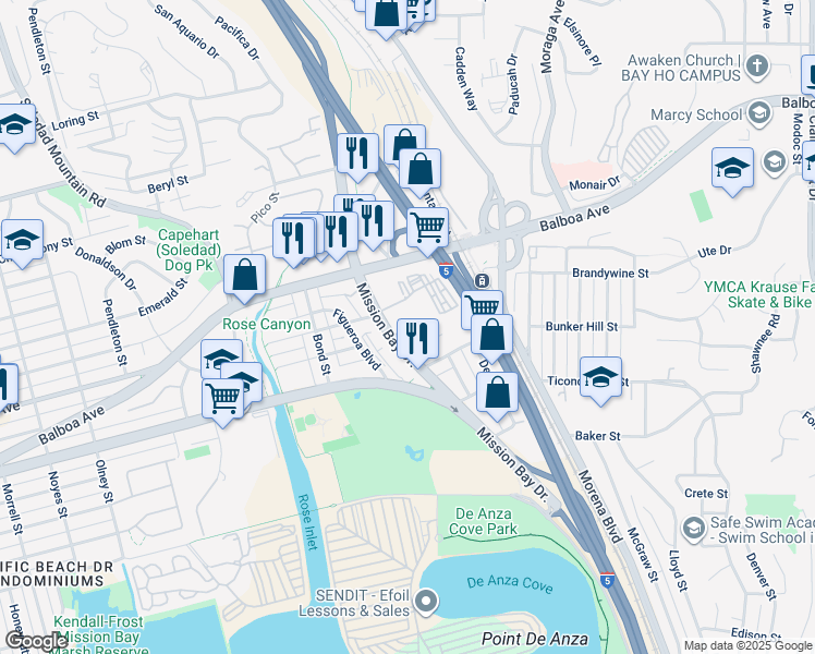map of restaurants, bars, coffee shops, grocery stores, and more near 4555 Mission Bay Drive in San Diego