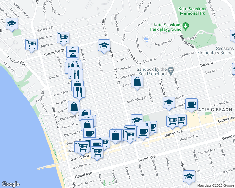 map of restaurants, bars, coffee shops, grocery stores, and more near 1260 Law Street in San Diego