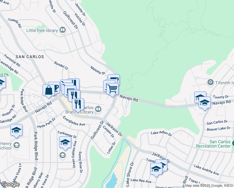 map of restaurants, bars, coffee shops, grocery stores, and more near Navajo Road & Golfcrest Drive in San Diego