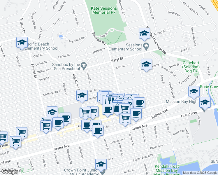 map of restaurants, bars, coffee shops, grocery stores, and more near 1827 Missouri Street in San Diego