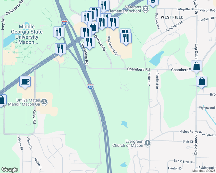 map of restaurants, bars, coffee shops, grocery stores, and more near 4500 Chambers Road in Macon