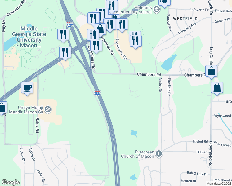map of restaurants, bars, coffee shops, grocery stores, and more near 4500 Chambers Road in Macon