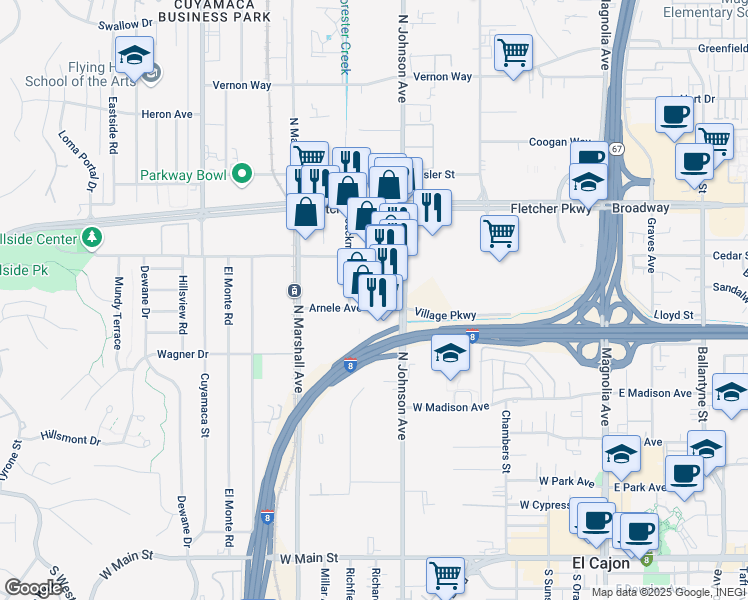 map of restaurants, bars, coffee shops, grocery stores, and more near 846 Arnele Avenue in El Cajon