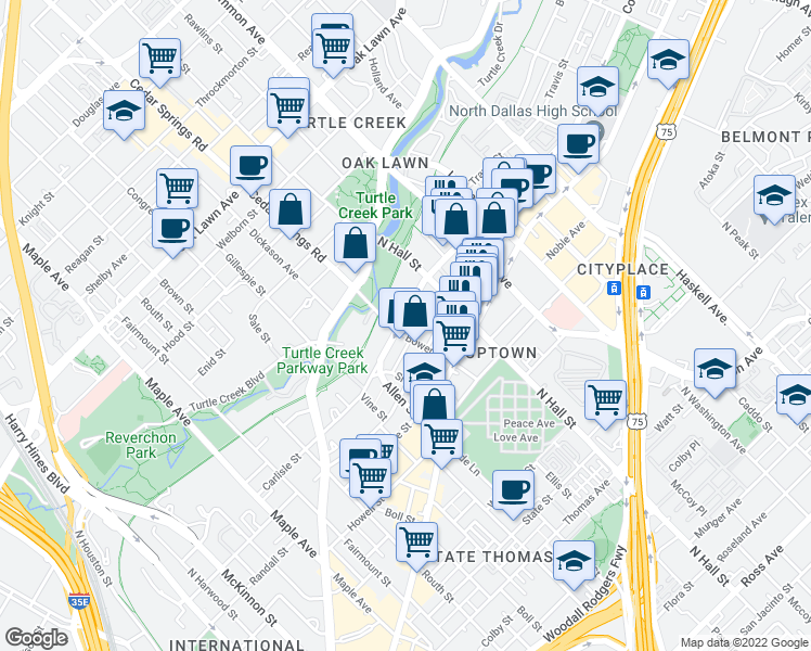 map of restaurants, bars, coffee shops, grocery stores, and more near 3210 Carlisle Street in Dallas