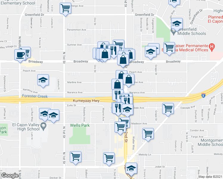 map of restaurants, bars, coffee shops, grocery stores, and more near 1237 Marline Avenue in El Cajon
