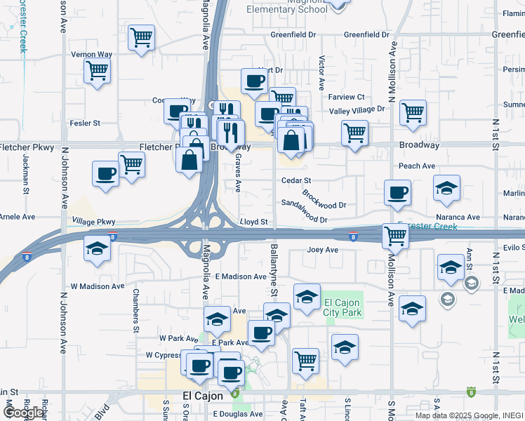 map of restaurants, bars, coffee shops, grocery stores, and more near 765 Graves Avenue in El Cajon