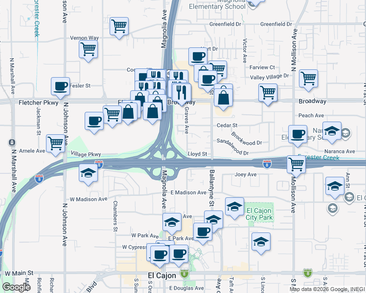 map of restaurants, bars, coffee shops, grocery stores, and more near 772 Graves Avenue in El Cajon