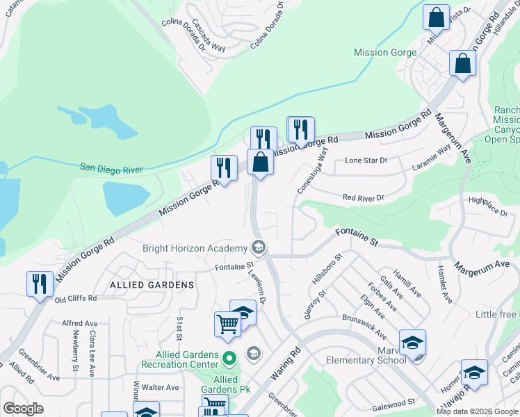 map of restaurants, bars, coffee shops, grocery stores, and more near 7405 Princess View Drive in San Diego