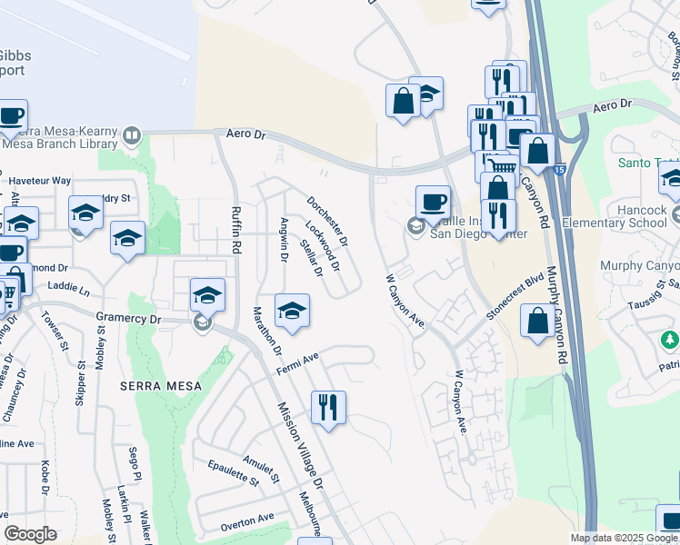 map of restaurants, bars, coffee shops, grocery stores, and more near 3396 Lockwood Drive in San Diego