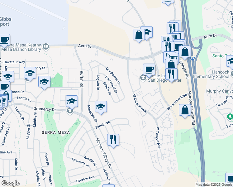 map of restaurants, bars, coffee shops, grocery stores, and more near 3396 Lockwood Drive in San Diego