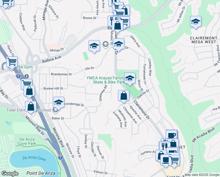 map of restaurants, bars, coffee shops, grocery stores, and more near 3559 Shawnee Road in San Diego