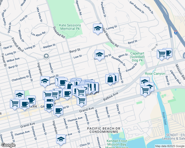 map of restaurants, bars, coffee shops, grocery stores, and more near 4756 Academy Place in San Diego