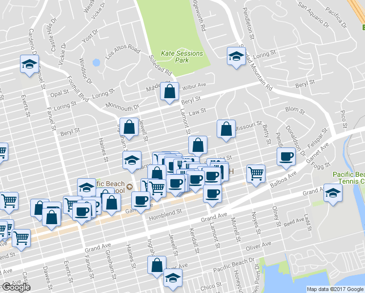map of restaurants, bars, coffee shops, grocery stores, and more near in San Diego