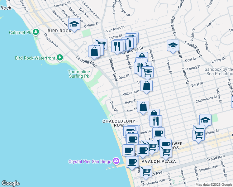 map of restaurants, bars, coffee shops, grocery stores, and more near 800 Loring Street in San Diego