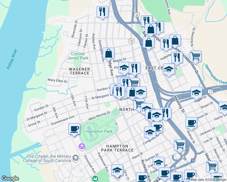 map of restaurants, bars, coffee shops, grocery stores, and more near 2 Gordon Street in Charleston