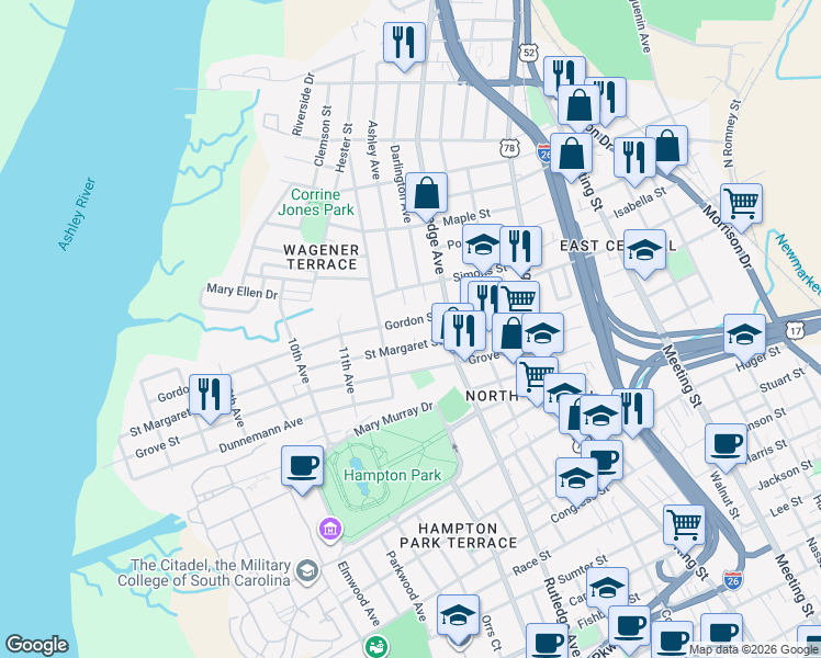 map of restaurants, bars, coffee shops, grocery stores, and more near 139 Simons Street in Charleston