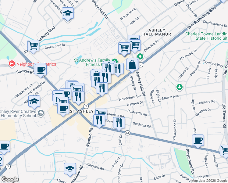 map of restaurants, bars, coffee shops, grocery stores, and more near 1623A Memminger Avenue in Charleston