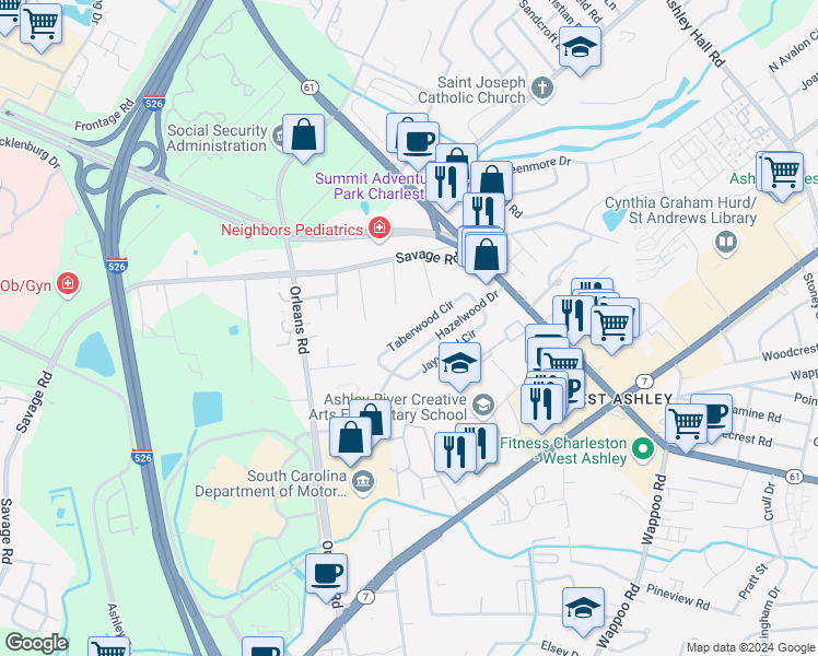 map of restaurants, bars, coffee shops, grocery stores, and more near 1860 Taberwood Circle in Charleston