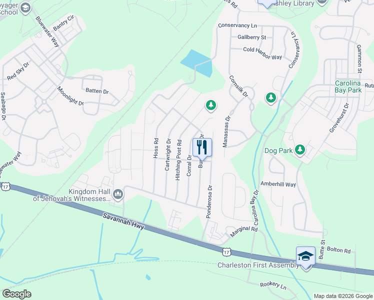 map of restaurants, bars, coffee shops, grocery stores, and more near 795 Corral Drive in Charleston