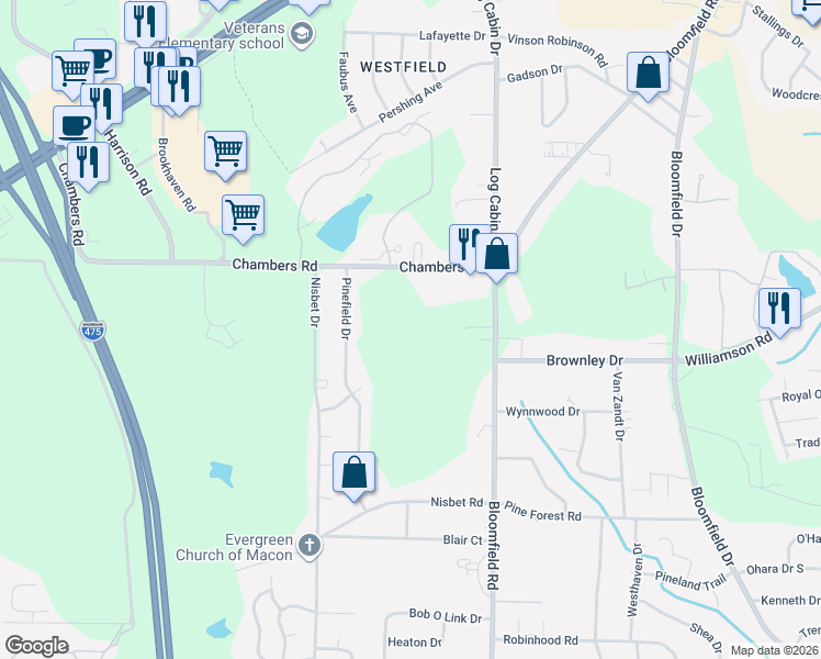 map of restaurants, bars, coffee shops, grocery stores, and more near 4949 Bloomfield Road in Macon