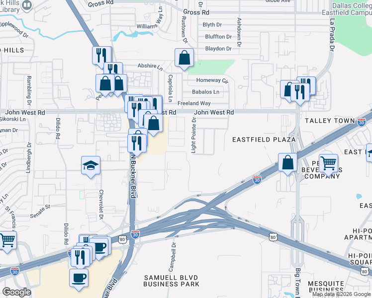 map of restaurants, bars, coffee shops, grocery stores, and more near 3319 Rosebank Drive in Dallas