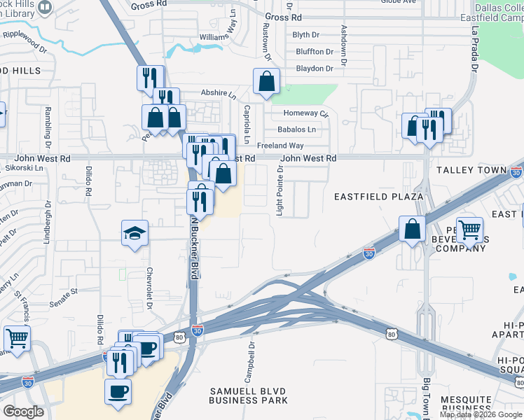 map of restaurants, bars, coffee shops, grocery stores, and more near 3319 Rosebank Drive in Dallas
