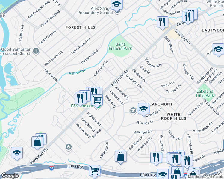 map of restaurants, bars, coffee shops, grocery stores, and more near 2306 Greenland Drive in Dallas