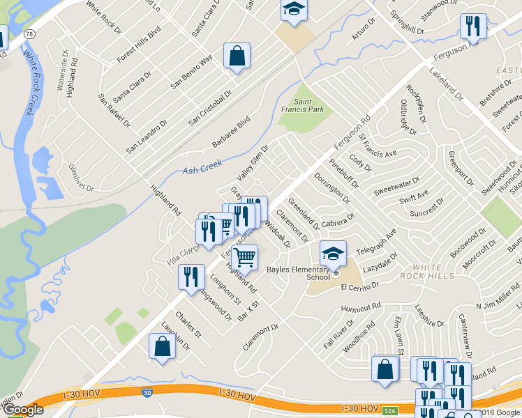 map of restaurants, bars, coffee shops, grocery stores, and more near 8145 Ferguson Road in Dallas