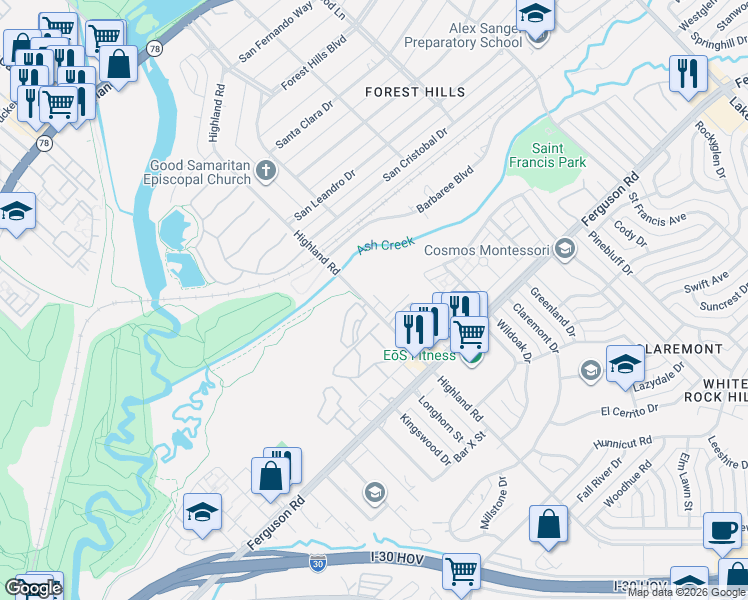map of restaurants, bars, coffee shops, grocery stores, and more near 1925 Highland Road in Dallas